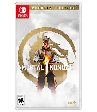 The image features a video game called Mortal Kombat, which is a premium edition for the Nintendo Switch. The game is rated M for Mature, indicating that it may contain violence, strong language, or other adult content. - M (Mature 17+)