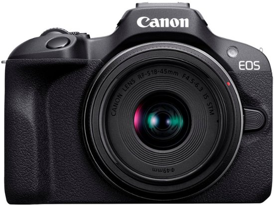 Front. Canon - EOS R100 4K Video Mirrorless Camera with RF-S 18-45mm f/4.5-6.3 IS STM Lens - Black.