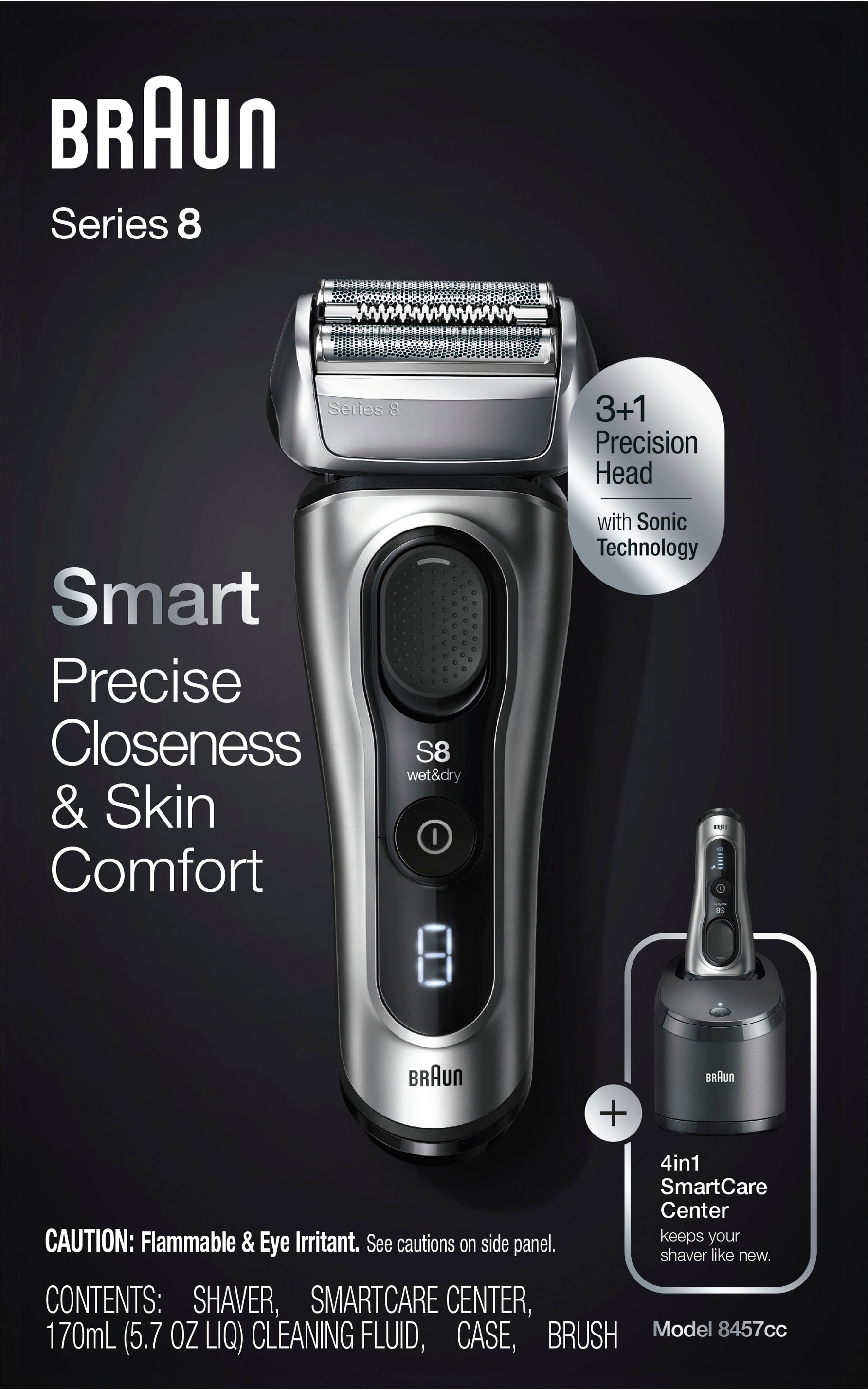 Braun Electric Razor for Men, Series 8457cc Electric Foil Shaver with Precision Beard Trimmer, Cleaning ＆ Charging SmartCare Center, Galvano Silver