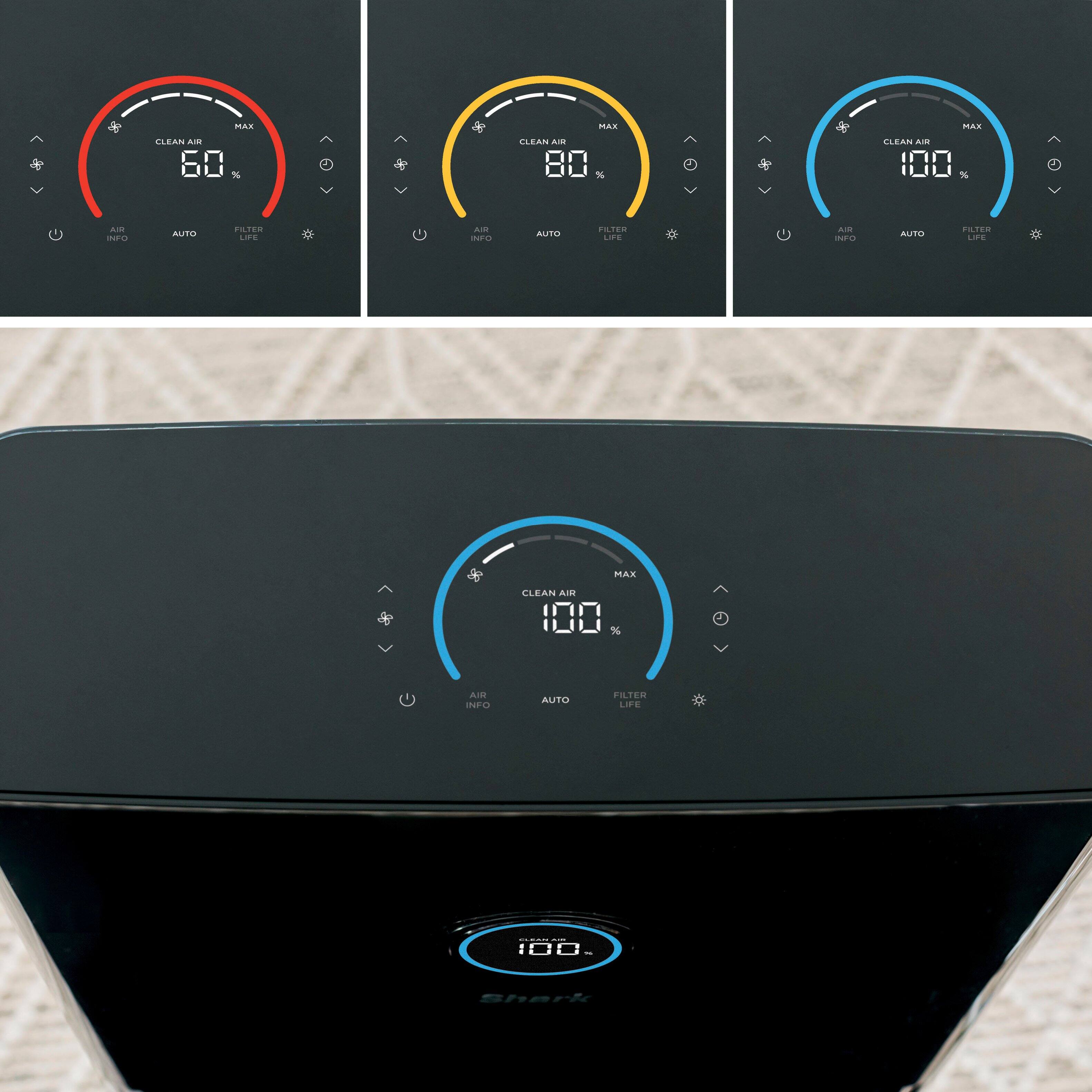 The image showcases a product that has four different settings for air quality, each with a corresponding color. The product is designed to improve air quality in real-time, displaying the air quality status or the time left until the air is clean. The product is advertised as having tracks and adjusts automatically, making it a convenient and efficient solution for maintaining clean air in your home or office.