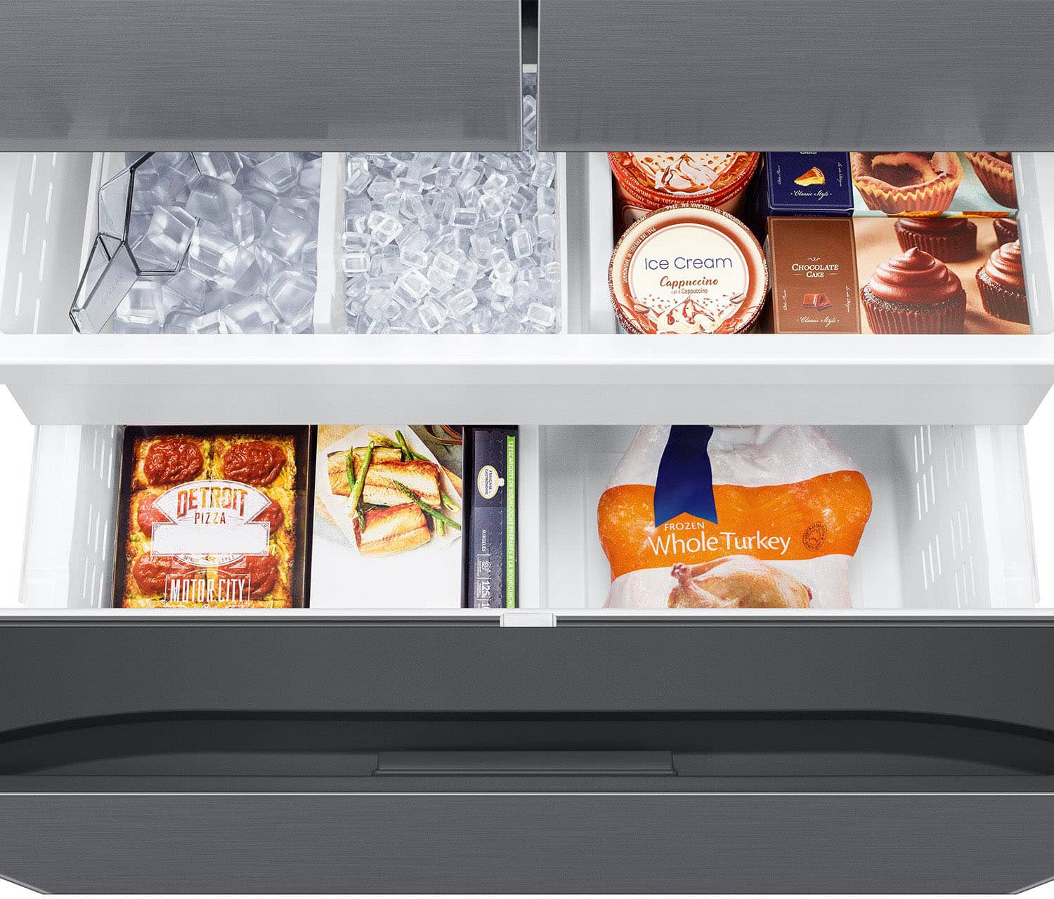 The image shows a refrigerator with various food items inside. The refrigerator has a drawer with ice cream and a shelf with a pizza. There are also two bags of frozen turkey and a bag of frozen chocolate cats. The refrigerator is filled with a variety of food items, including ice cream, pizza, and frozen turkey.