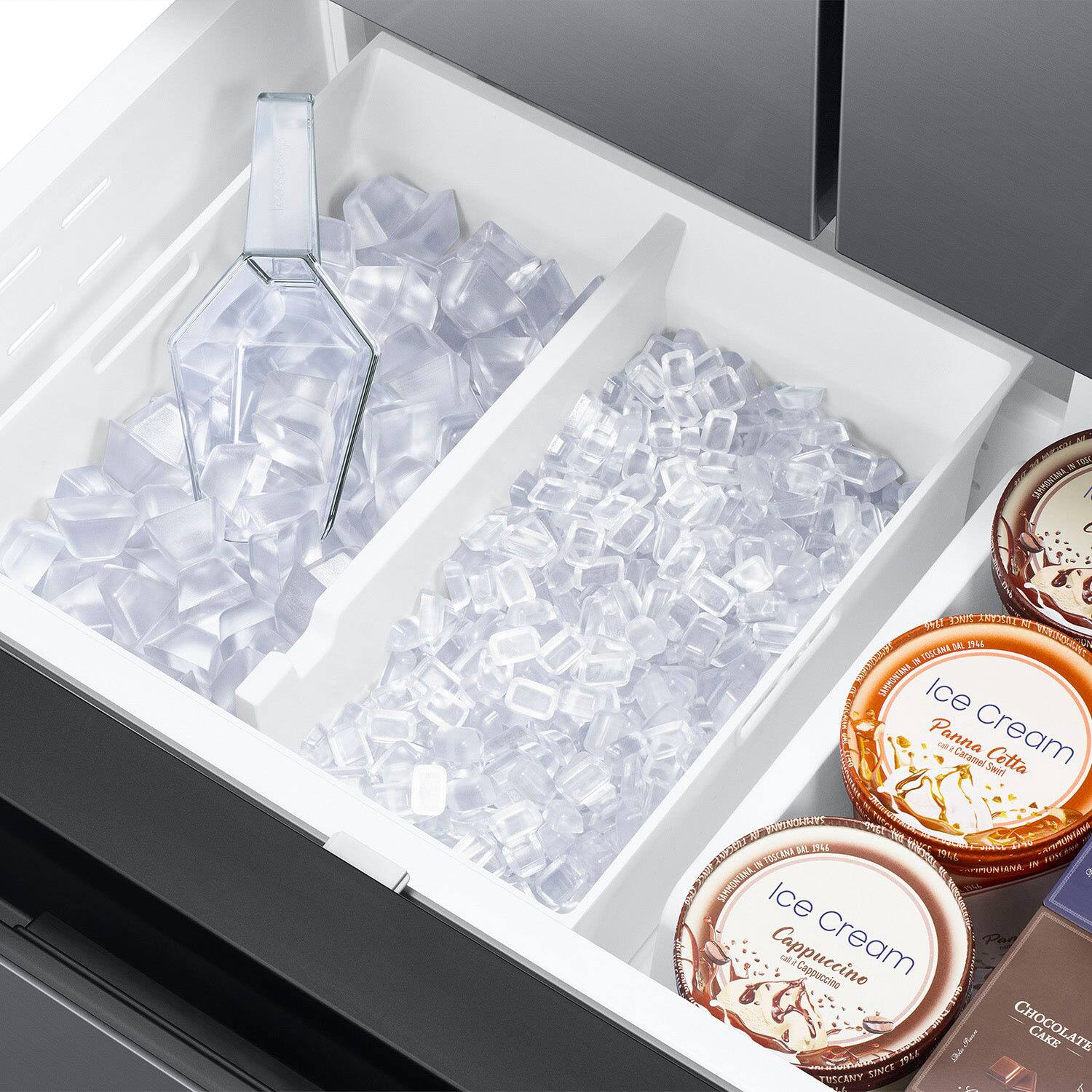 The image shows an open refrigerator with a drawer filled with various ice cream flavors. The ice cream flavors include vanilla, caramel, and cappuccino. The drawer also contains a bottle of wine, which is placed in the upper left corner. The refrigerator is filled with a variety of food items, making it a well-stocked and convenient appliance for the user.