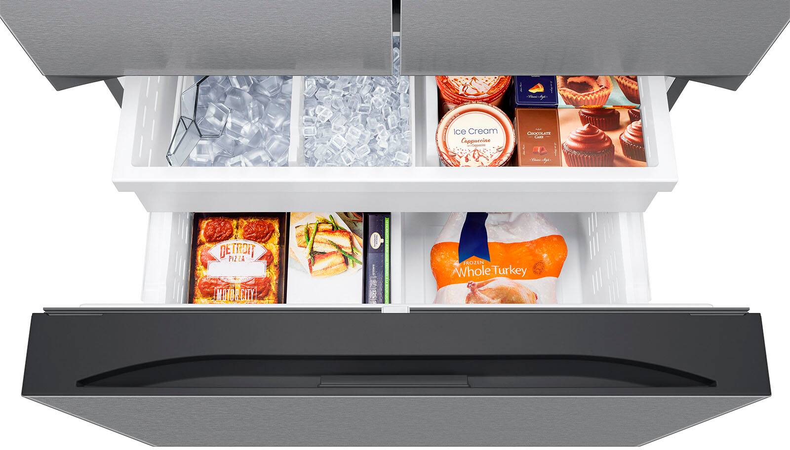 The image features a refrigerator with its door open, revealing a variety of food items stored inside. There are several bottles, including a bottle of chocolate ice cream, and a frozen whole turkey. Additionally, there are multiple pizzas placed in the refrigerator, with one pizza located in the upper right corner and another one in the lower left corner. The refrigerator is filled with a diverse assortment of food items, making it a well-stocked appliance.