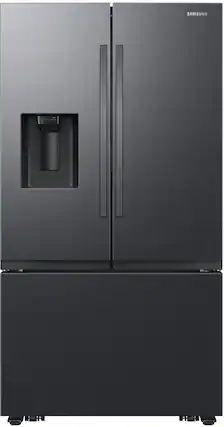 Front. Samsung - 31 cu. ft. 3-Door French Door Smart Refrigerator with Four Types of Ice - Fingerprint Resistant Matte Black Steel.