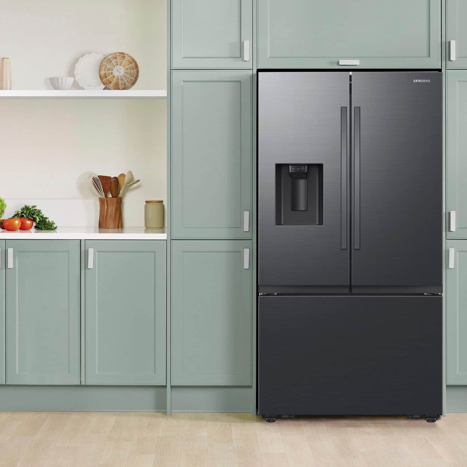 Alt View 11. Samsung - 31 cu. ft. 3-Door French Door Smart Refrigerator with Four Types of Ice - Fingerprint Resistant Matte Black Steel.