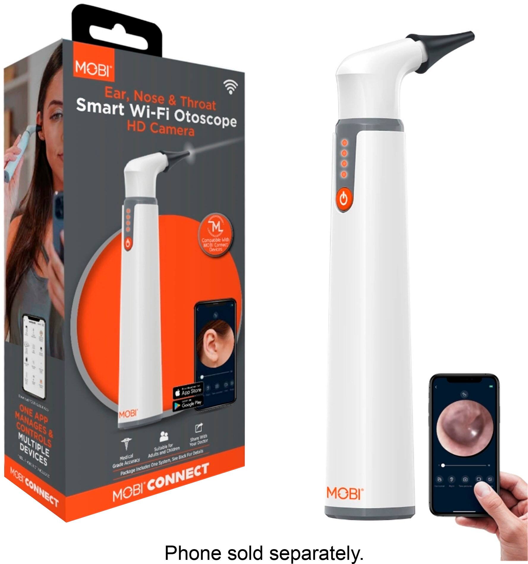 Back. MOBI - Smart Wi-Fi Otoscope 1080P HD Camera With Earwax Removal Tool - White.