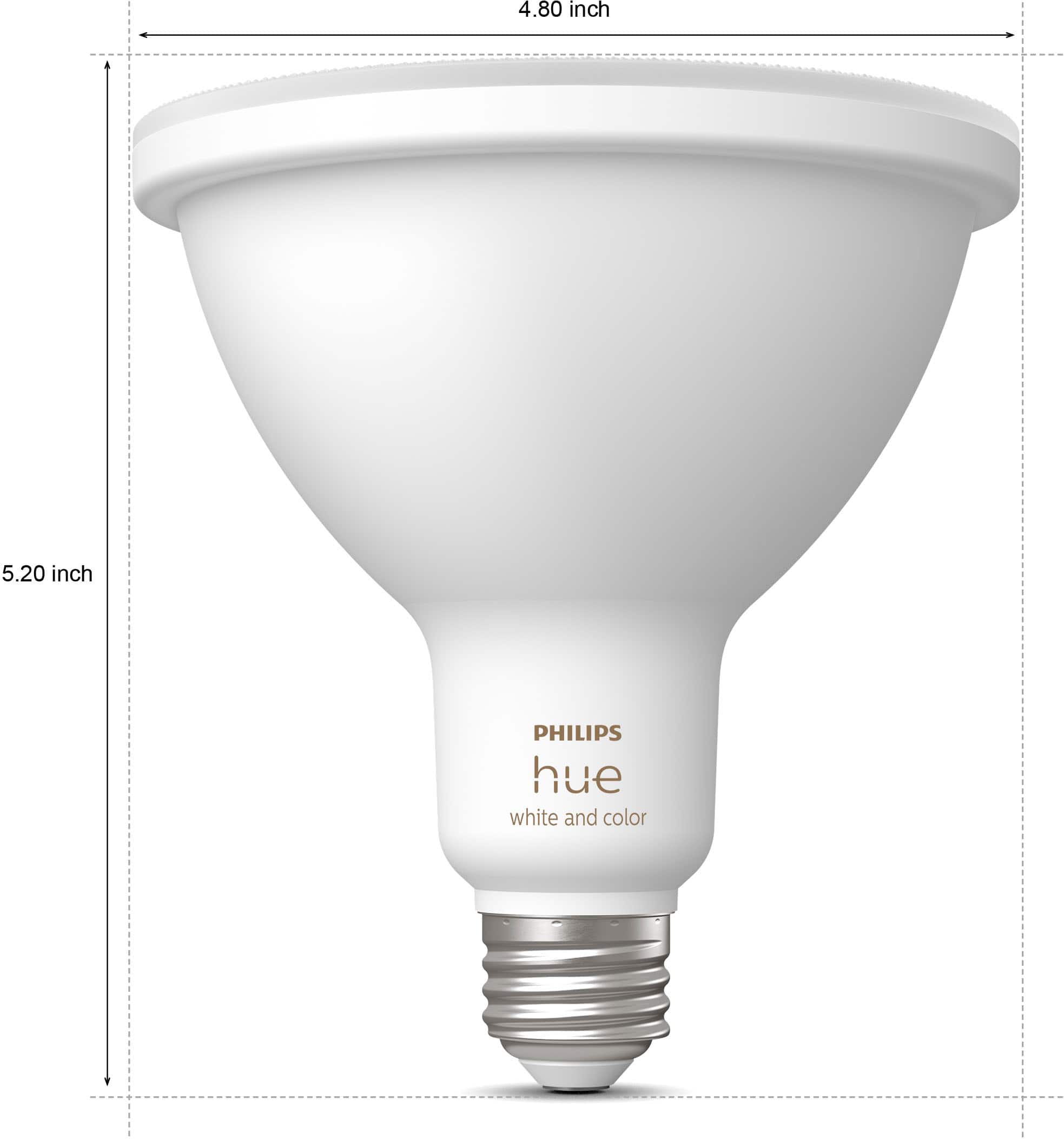 The text on the image reads "4.80 inch 5.20 inch PHILIPS hue white and color." The correct grouping and correction would be: "4.80 inches to 5.20 inches PHILIPS hue white and color."