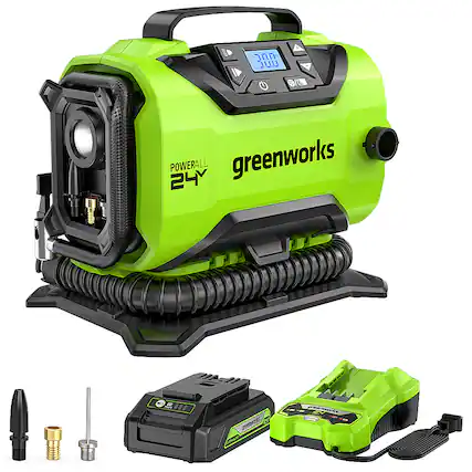Front. Greenworks - 24 Volt Battery Powered 160-PSI Inflator with 2.0 Ah USB-C Battery & Charger - Green.
