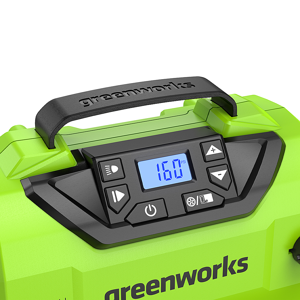  Greenworks Compresseur d'air à Batterie 24V, gonfleur de Pneu  de Voiture, Pompe à air Max.160 PSI, 2 Sources d'alimentation, Pression  préréglée manuellement, Fonction d'arrêt Automatique