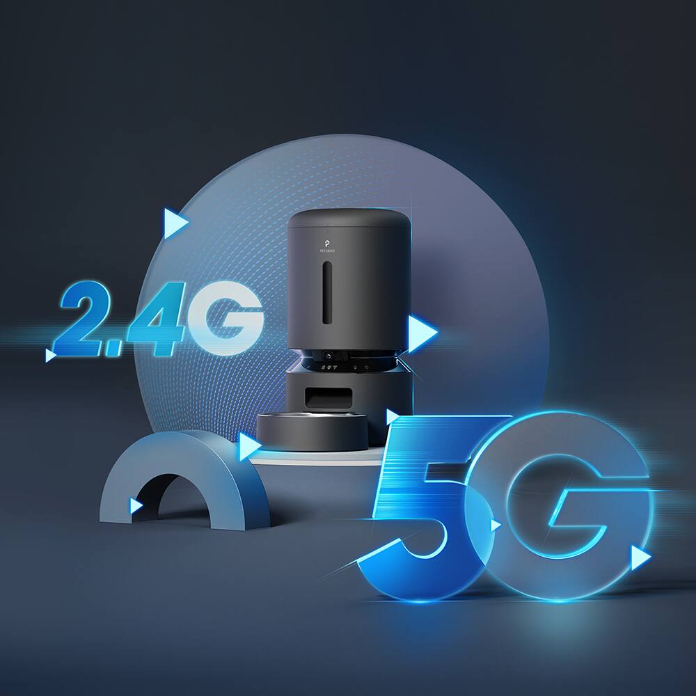 The image features a 2.4GHz pet feeder with a blue and white background. The feeder is placed on a table and is surrounded by several other objects, including a 5G logo, a 2.4G logo, and a 5G arrow. The scene also includes a 2.4GHz logo and a 5G arrow pointing to the feeder. The overall composition of the image suggests that the pet feeder is being showcased as a modern and advanced device, possibly with features related to 5G technology.