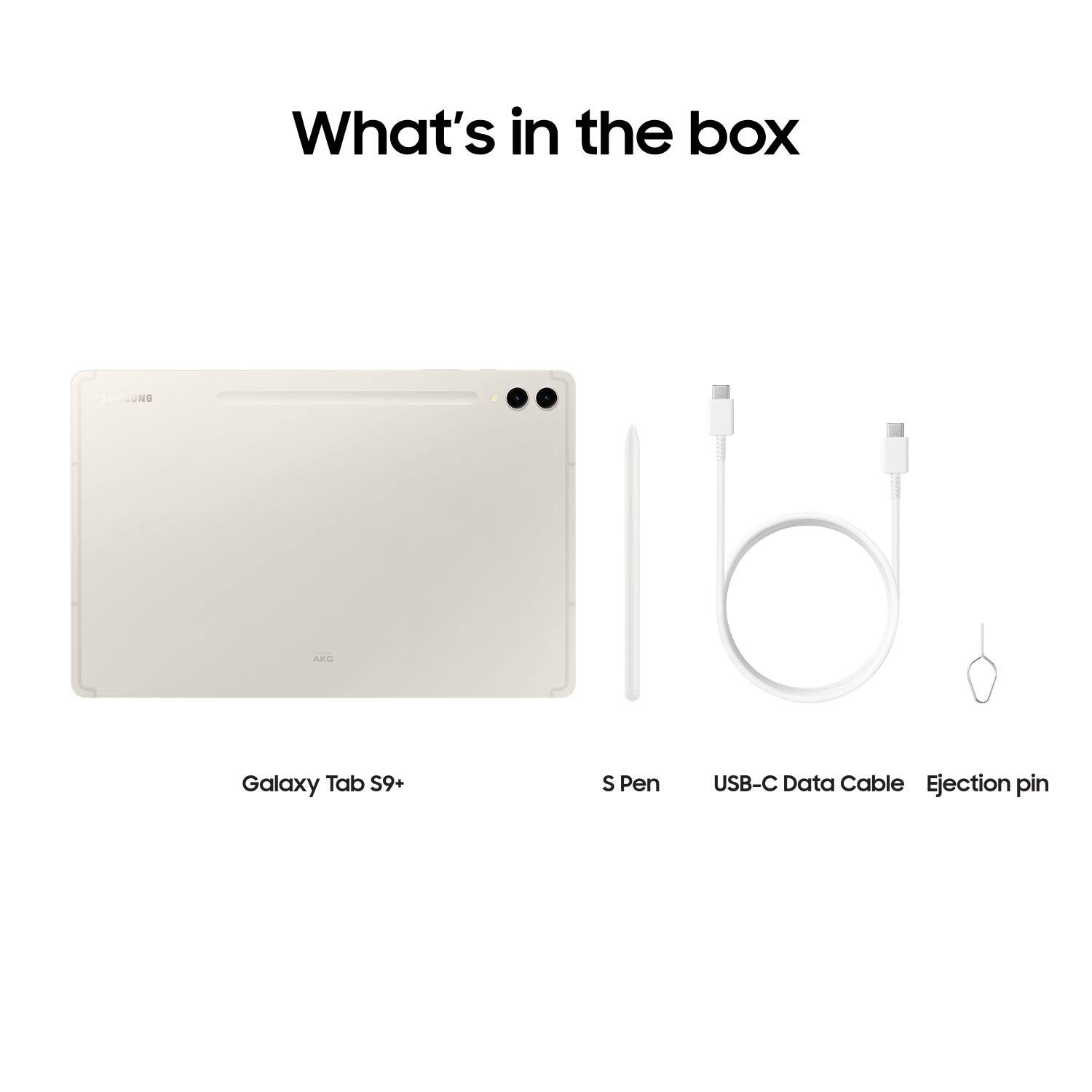 The image shows a white Samsung Galaxy Tab S9+ tablet, along with a S Pen, a USB-C data cable, and an ejection pin. The tablet is placed next to the S Pen, which is attached to the tablet. The USB-C data cable is also present, indicating that the tablet can be charged or connected to a computer. The ejection pin is a small tool used to remove the S Pen from the tablet.