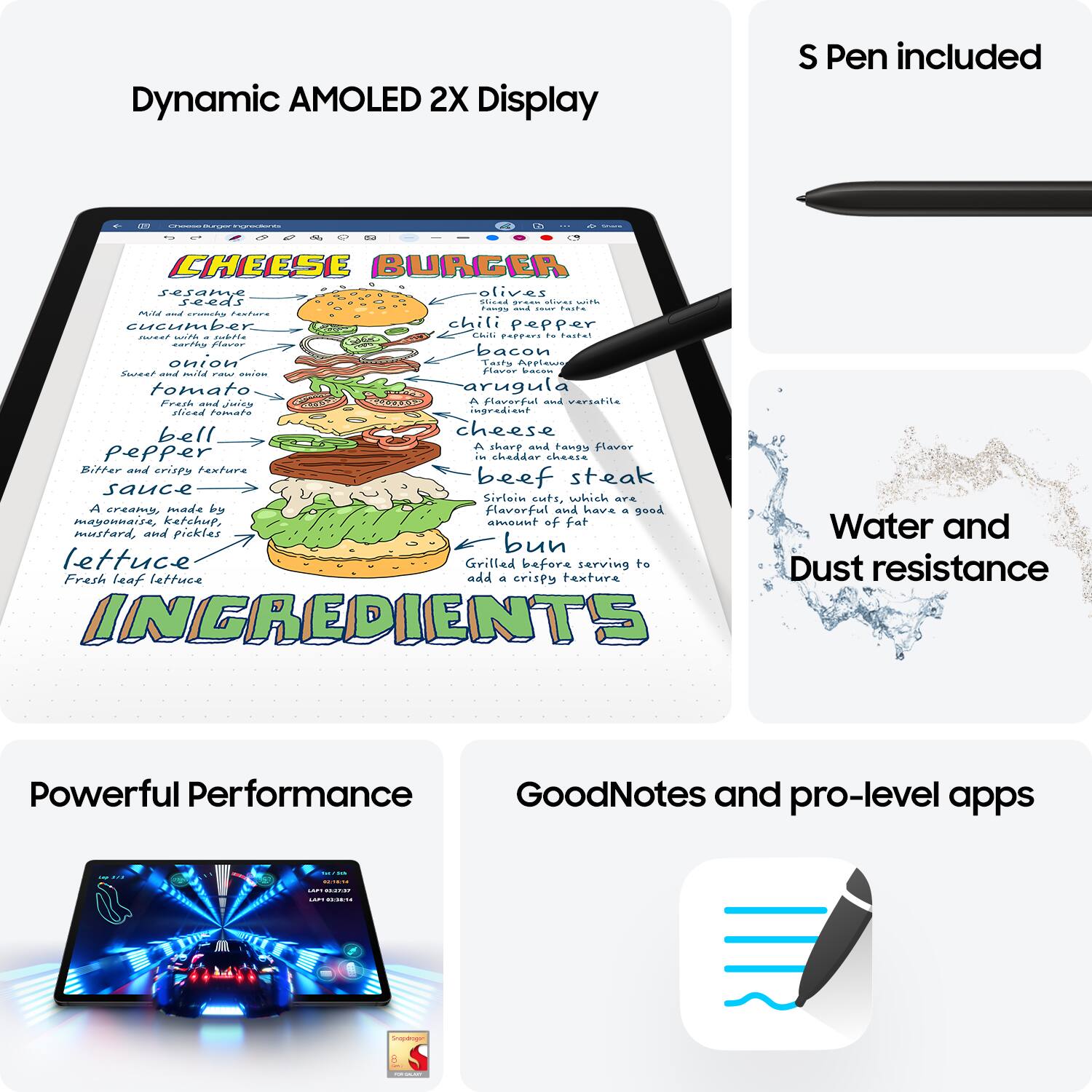 Dynamic AMOLED 2X Display S Pen included -0 - | . -  CHEESE BURGER - 2aMA olives reead .... P..E Mcas -... /ane : -- Faoie M.24 . cruscta Cenee CHCumbY chili pepper   - bt ch eAPPSPI .. Tastat SAV70D Plavee bacon NOINO Taiy Pra Sacheas and id -o Adae LA - tomato arugula Feuih - JAEs A Flavorful . Arsatile cliead PA impredient bell cheese A share aud Taoy flaver pepper in sheddar chense Ritfar and crispy tanfura beef steak sauce Sirtein suts, which aTA A ereamy, made by flavorful ed Lava - good mayonuaise katehup, amount of fat Water and mustard, and Pickles bun lettuce Grilled bafora serving Fo Dust resistance Fresh leaf lettuce add  crispy texture INGREDIENTS Powerful Performance GoodNotes and pro-level apps : I I : : : : 2 tropatraon I