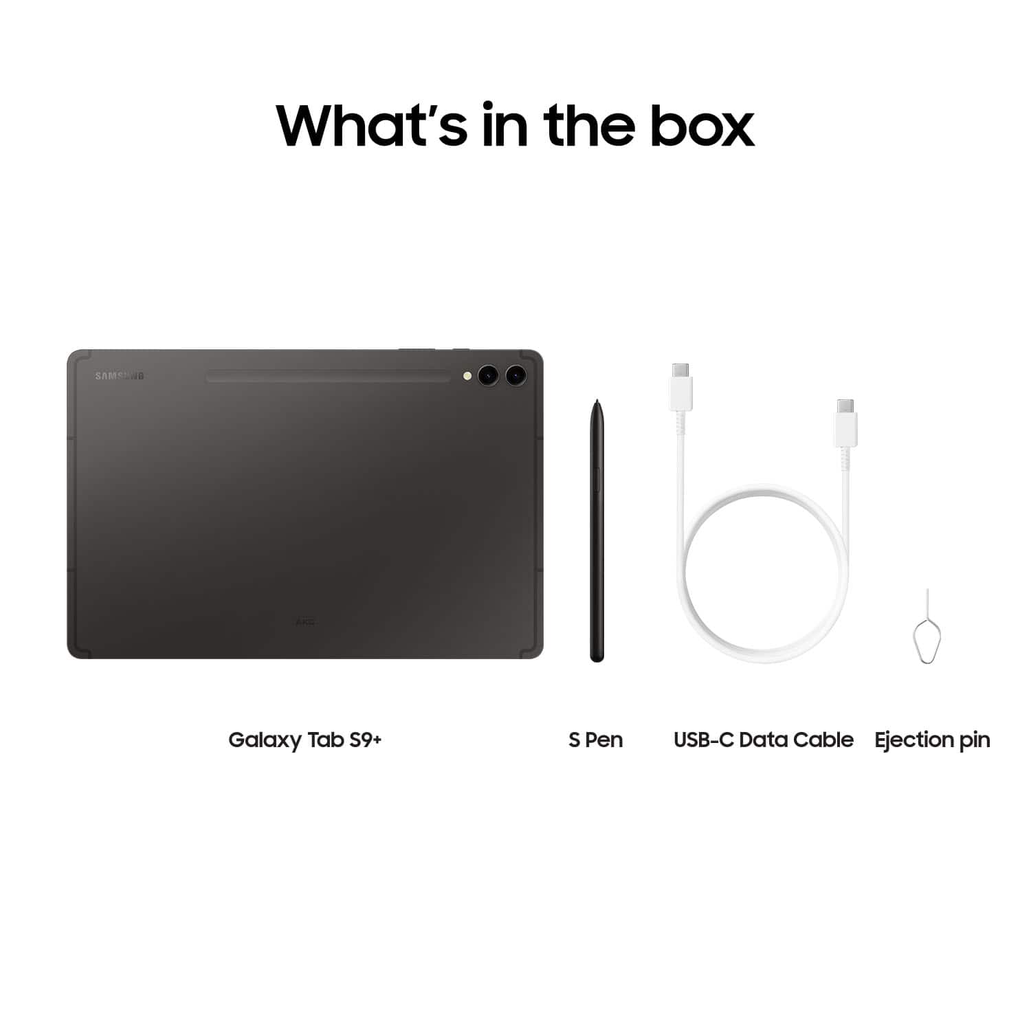 The image features a Samsung Galaxy Tab S9+ with a stylus and a USB-C data cable. There is also an ejection pin present in the box.