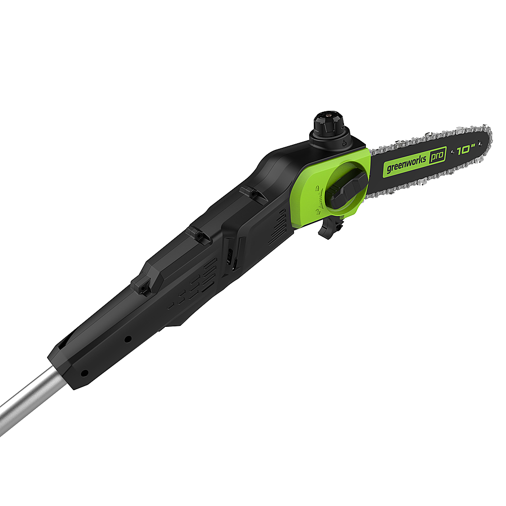 Left View: Greenworks - 80 Volt 10-Inch Cordless Brushless Electric Pole Saw with 14.5 foot reach (Tool Only) - Green