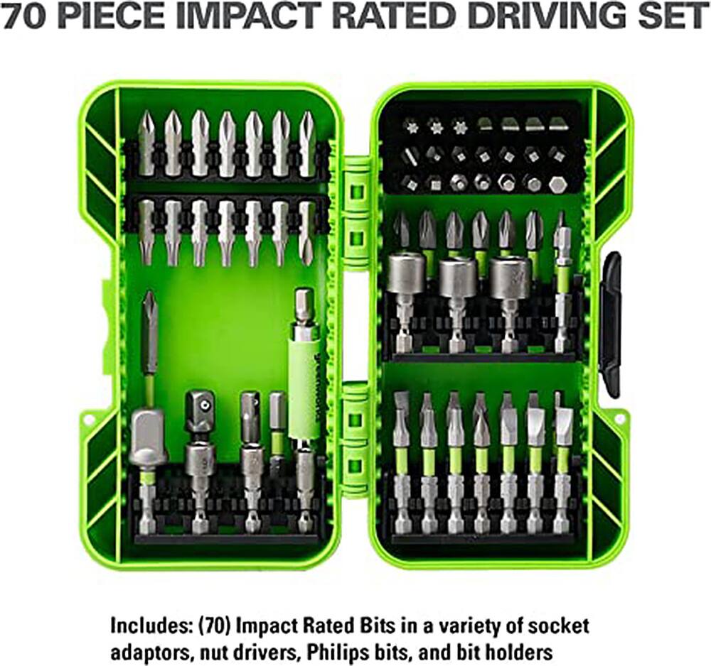 Angle View: Greenworks - 24V Cordless Battery Drill/Driver and Impact Driver + 70-pice IR Bit Set w/ Two (2) USB Batteries & Charger - Green