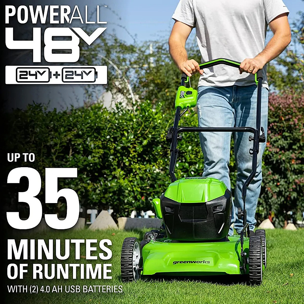 Back View: Greenworks - 24V 19” (2x24v) Brushless Push Lawn Mower with (2) 4.0 Ah USB Batteries and Dual-Port Rapid Charger - Green