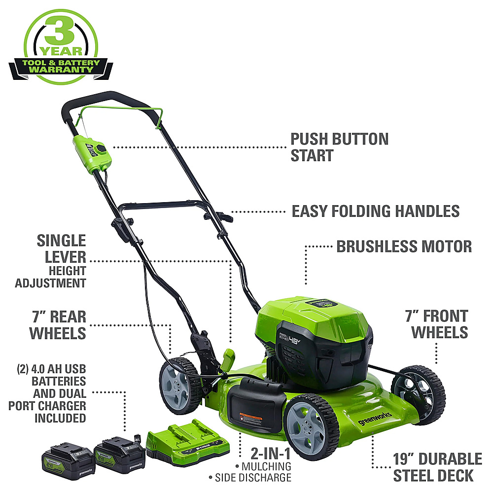 Angle View: Greenworks - 24V 19” (2x24v) Brushless Push Lawn Mower with (2) 4.0 Ah USB Batteries and Dual-Port Rapid Charger - Green