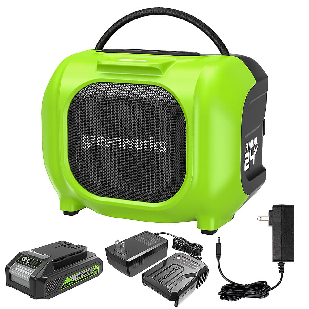 Front. Greenworks - 24 Volt Battery Powered Bluetooth Speaker with 2.0Ah Battery & Charger - Green.
