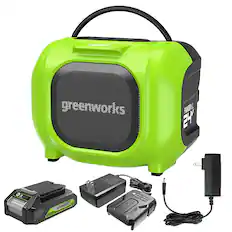 Front. Greenworks - 24 Volt Battery Powered Bluetooth Speaker with 2.0Ah Battery & Charger - Green.