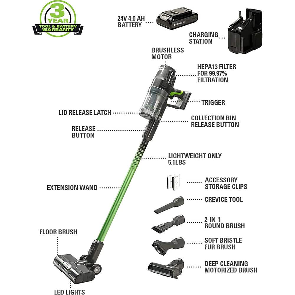 Angle View: Greenworks - 24 Volt Stick Vacuum with 4ah Battery, Attachments, & Charger - Green