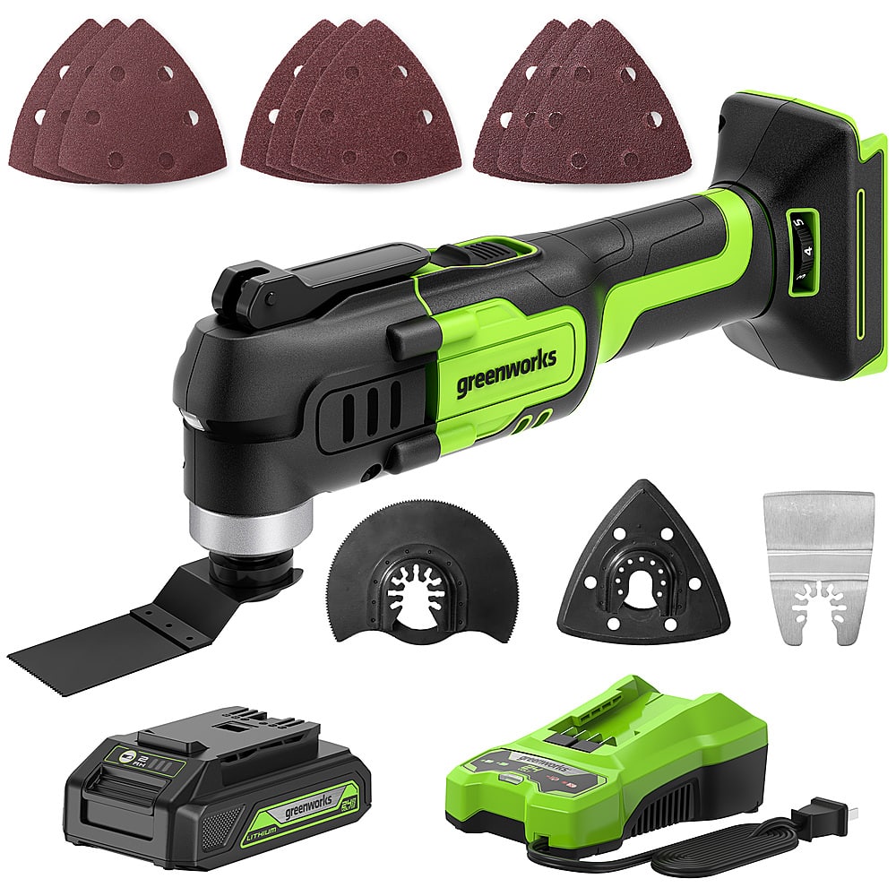 Front. Greenworks - Multi Tool w. 2AH battery, 2A charger - Green.