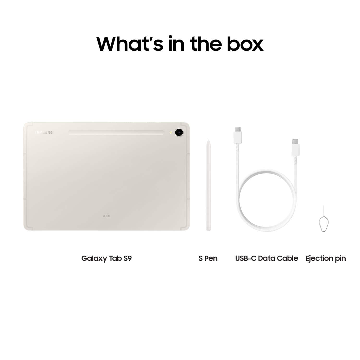 The image displays a white Samsung Galaxy Tab S9 tablet, along with a S Pen, a USB-C data cable, and an ejection pin. The tablet is placed on top of the S Pen, which is positioned next to the USB-C data cable. The ejection pin is also present in the scene, indicating that the tablet is ready for use.