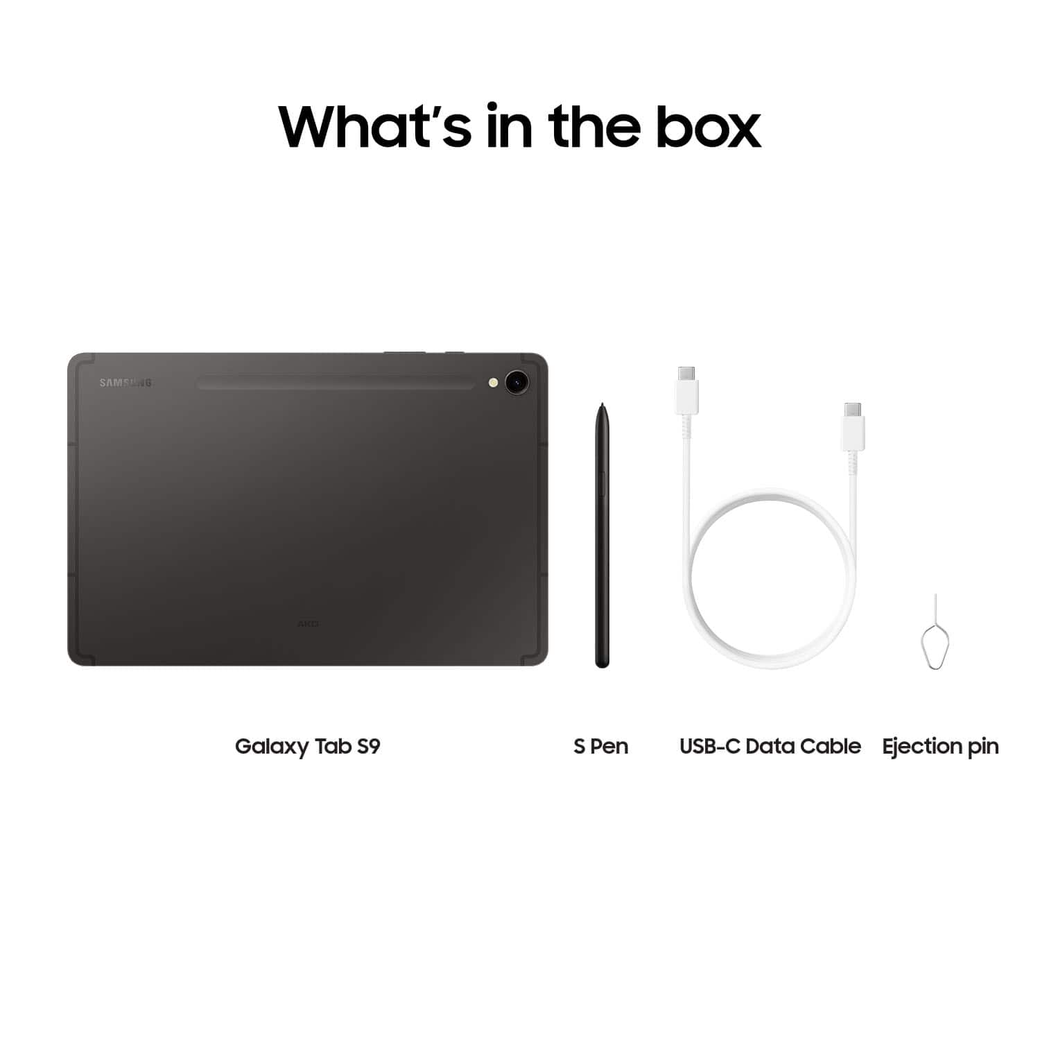 The image shows a black tablet computer, a pen, a USB-C data cable, and an ejection pin. The tablet is a Samsung Galaxy Tab S9. The pen is a S Pen, which is a stylus designed for use with the tablet. The USB-C data cable is used for connecting the tablet to a computer or other device. The ejection pin is a small tool used to remove the S Pen from the tablet.