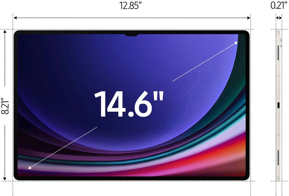 The image features a large screen with a 14.6-inch diagonal size. The screen is blue and has a 12.85-inch height and an 0.21-inch width. The screen is also described as being 8.21 inches tall.
