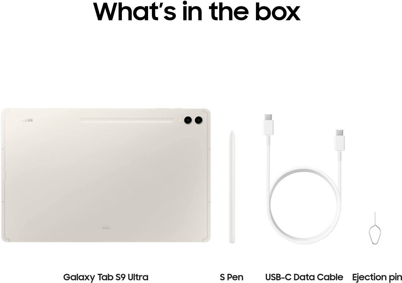 The image shows a white Galaxy Tab S9 Ultra tablet, along with its accessories. The tablet is accompanied by a S Pen, a USB-C data cable, and an ejection pin. The tablet is placed on top of the USB-C data cable, while the S Pen is positioned next to it. The ejection pin is also present in the scene, indicating that the tablet is ready for use.