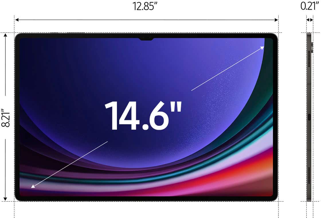 The image features a large screen, measuring 14.6 inches in length. The screen is surrounded by a frame that is 0.21 inches wide. The screen is positioned next to a ruler, which indicates that it is 12.85 inches in length.
