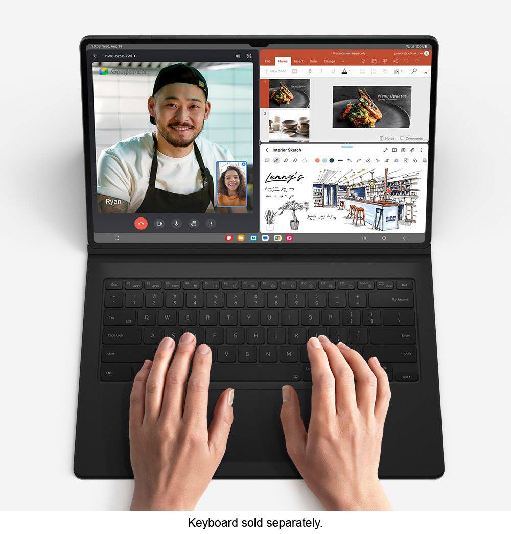 The image features a tablet with a pen on it, showcasing a recipe for a cheese burger. The tablet is placed on a dining table, and there are several images and descriptions of ingredients and flavors. The tablet also displays a water and dust resistance feature. The image is divided into sections, with one section focusing on the powerful performance of the tablet, while another section highlights the GoodNotes and pro-level apps available on the device.