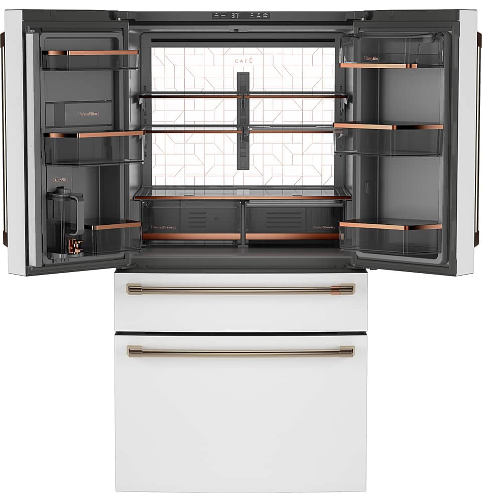 Angle. Café - 28.7 Cu. Ft. 4 Door French Door Refrigerator with Dual Dispense Auto Fill Pitcher - Matte White.