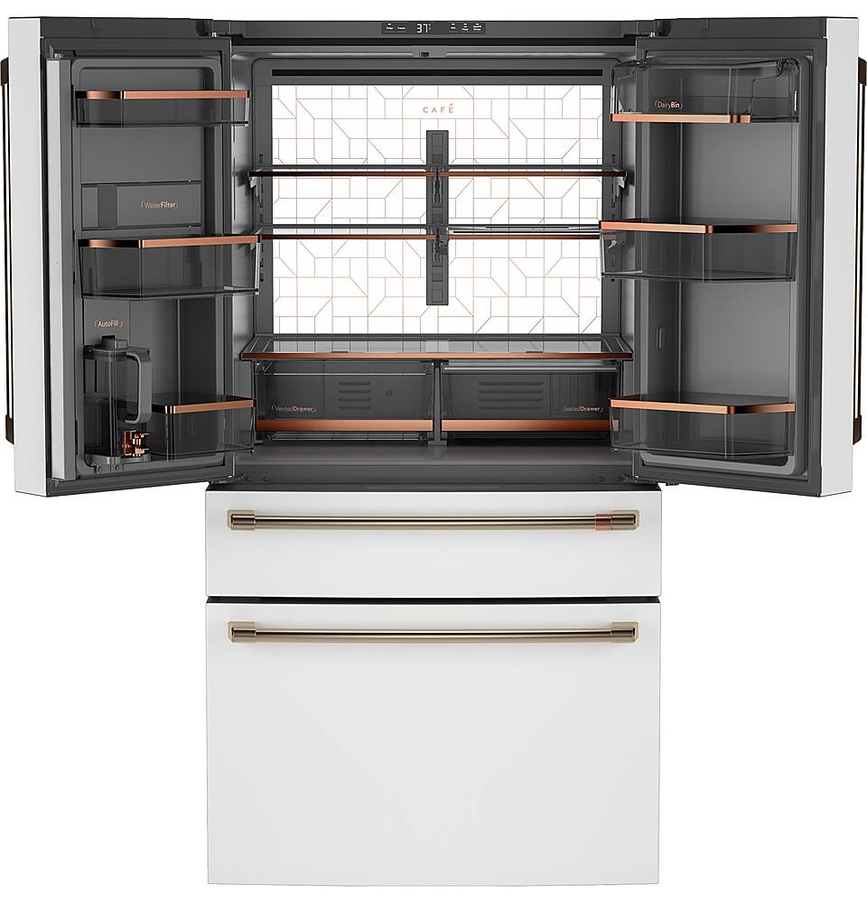 Angle. Café - 28.7 Cu. Ft. 4 Door French Door Refrigerator with Dual Dispense Auto Fill Pitcher - Matte White.