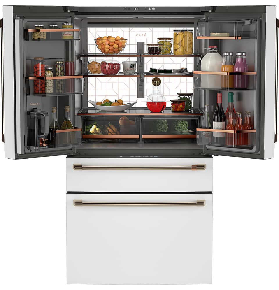 Left. Café - 28.7 Cu. Ft. 4 Door French Door Refrigerator with Dual Dispense Auto Fill Pitcher - Matte White.