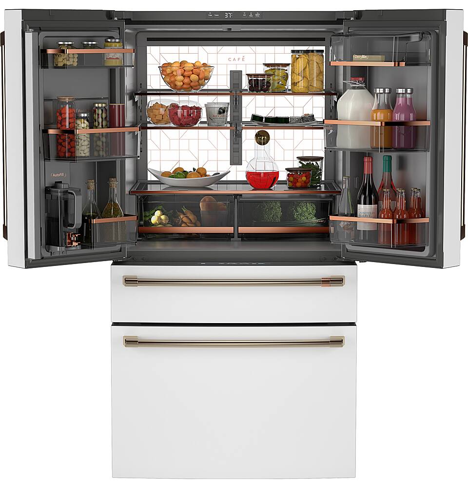 Left. Café - 28.7 Cu. Ft. 4 Door French Door Refrigerator with Dual Dispense Auto Fill Pitcher - Matte White.