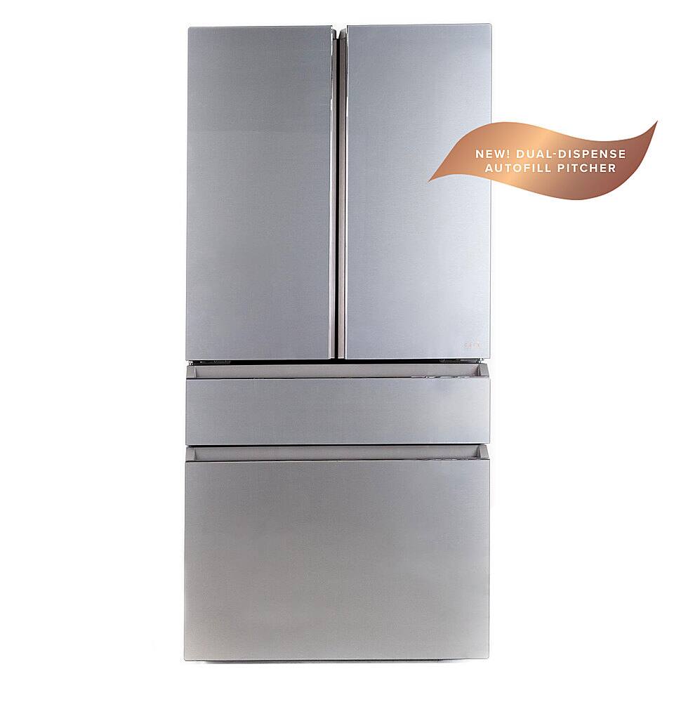 The image showcases a large, stainless steel refrigerator with a dual-dispense auto-fill pitcher. The refrigerator is a full-size model, featuring a metallic finish that gives it a sleek and modern appearance. The pitcher is designed to make it easy to pour water or other beverages, providing convenience and functionality for the user.