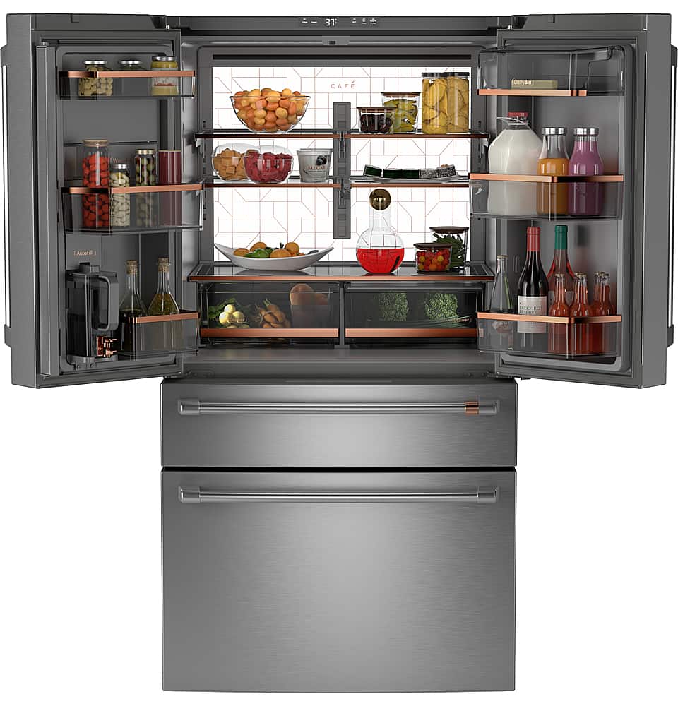 Left. Café - 28.7 Cu. Ft. 4 Door French Door Refrigerator with Dual Dispense Autofill Pitcher - Stainless Steel.
