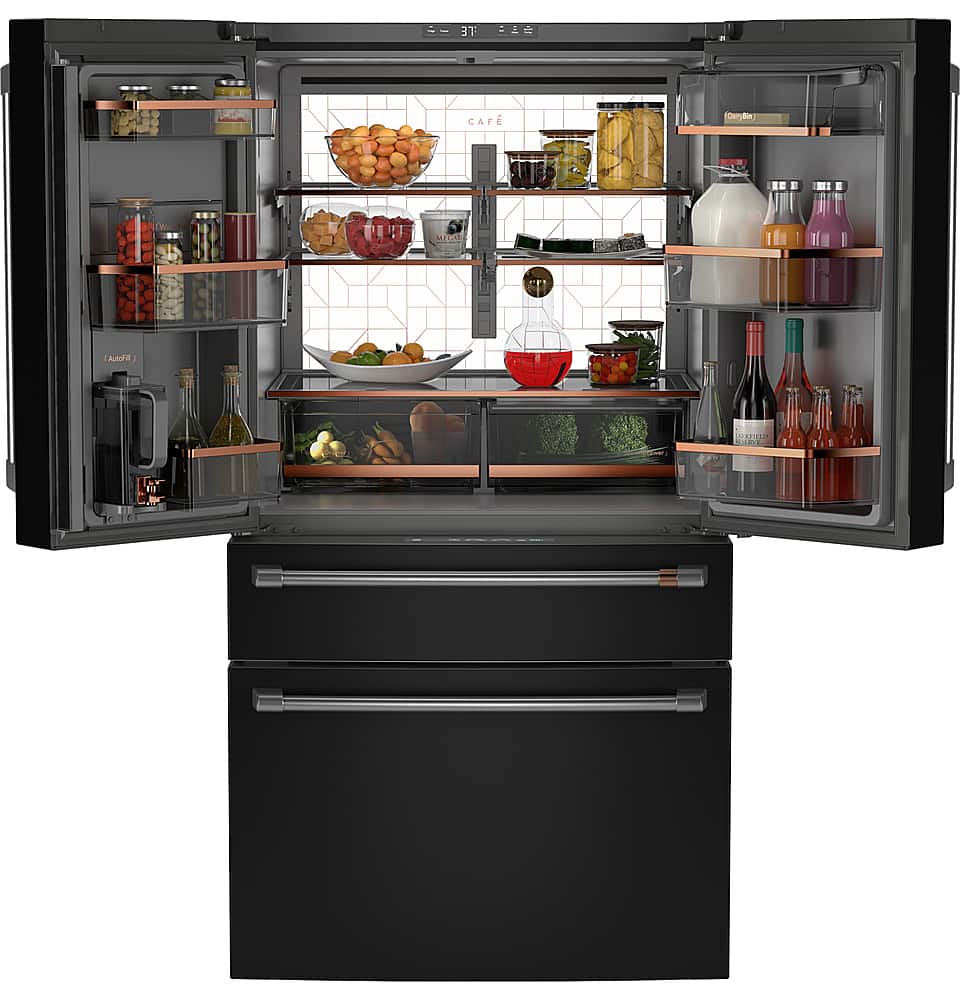 Left. Café - 28.7 Cu. Ft. 4 Door French Door Refrigerator with Dual Dispense Auto Fill Pitcher - Matte Black.