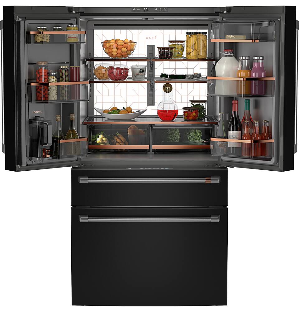 Left. Café - 28.7 Cu. Ft. 4 Door French Door Refrigerator with Dual Dispense Auto Fill Pitcher - Matte Black.