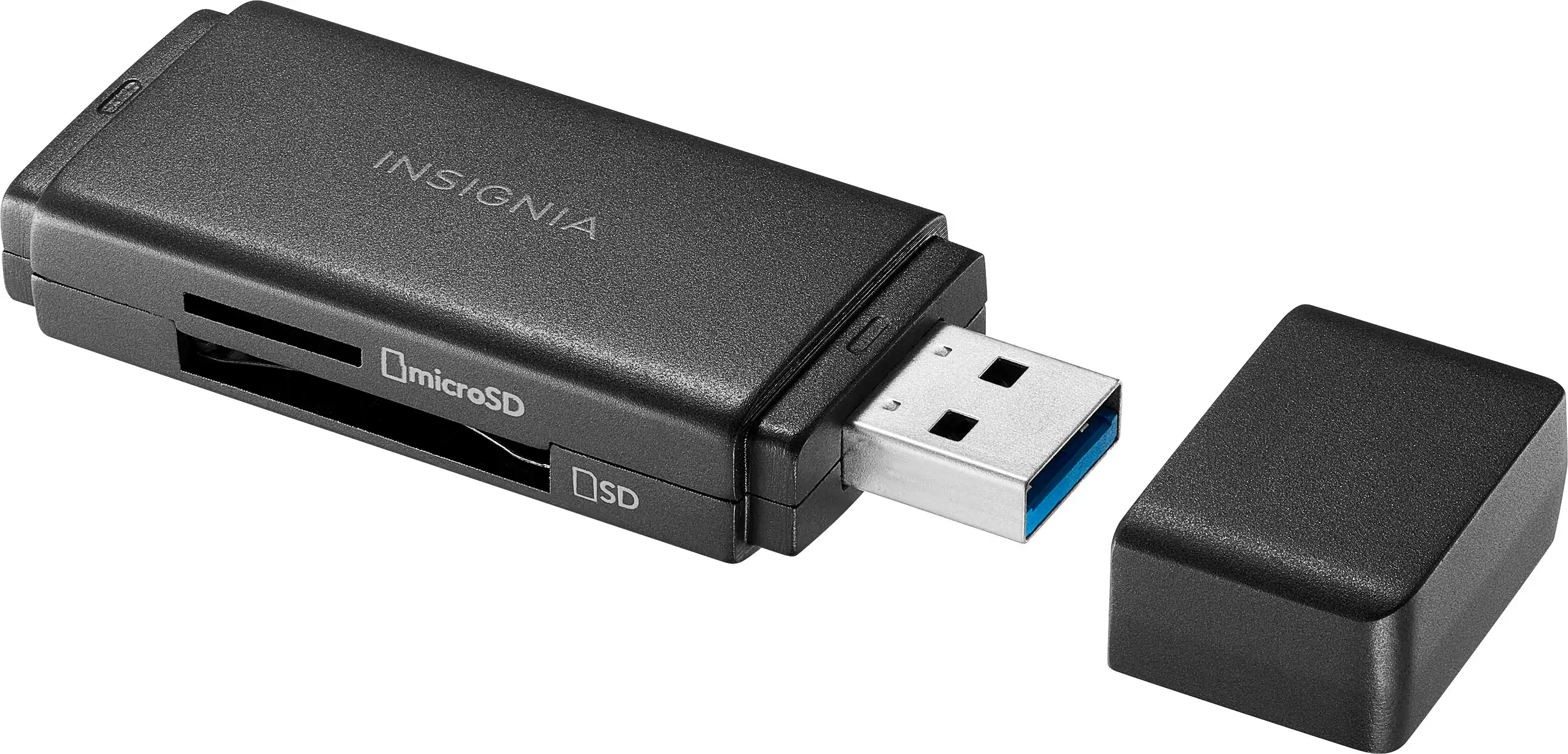 Front. Insignia™ - USB 3.0 SD and microSD Memory Card Reader - Black.
