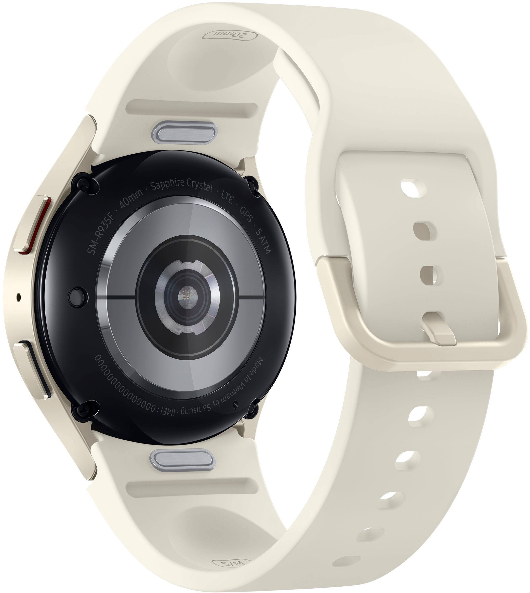 The watch is a Samsung brand with a white band and a black face. It is a smartwatch with GPS capabilities and is water resistant up to 5 ATM. The watch face is 40mm in diameter and features a sapphire crystal. The watch is made in Vietnam and has an IMEI number.