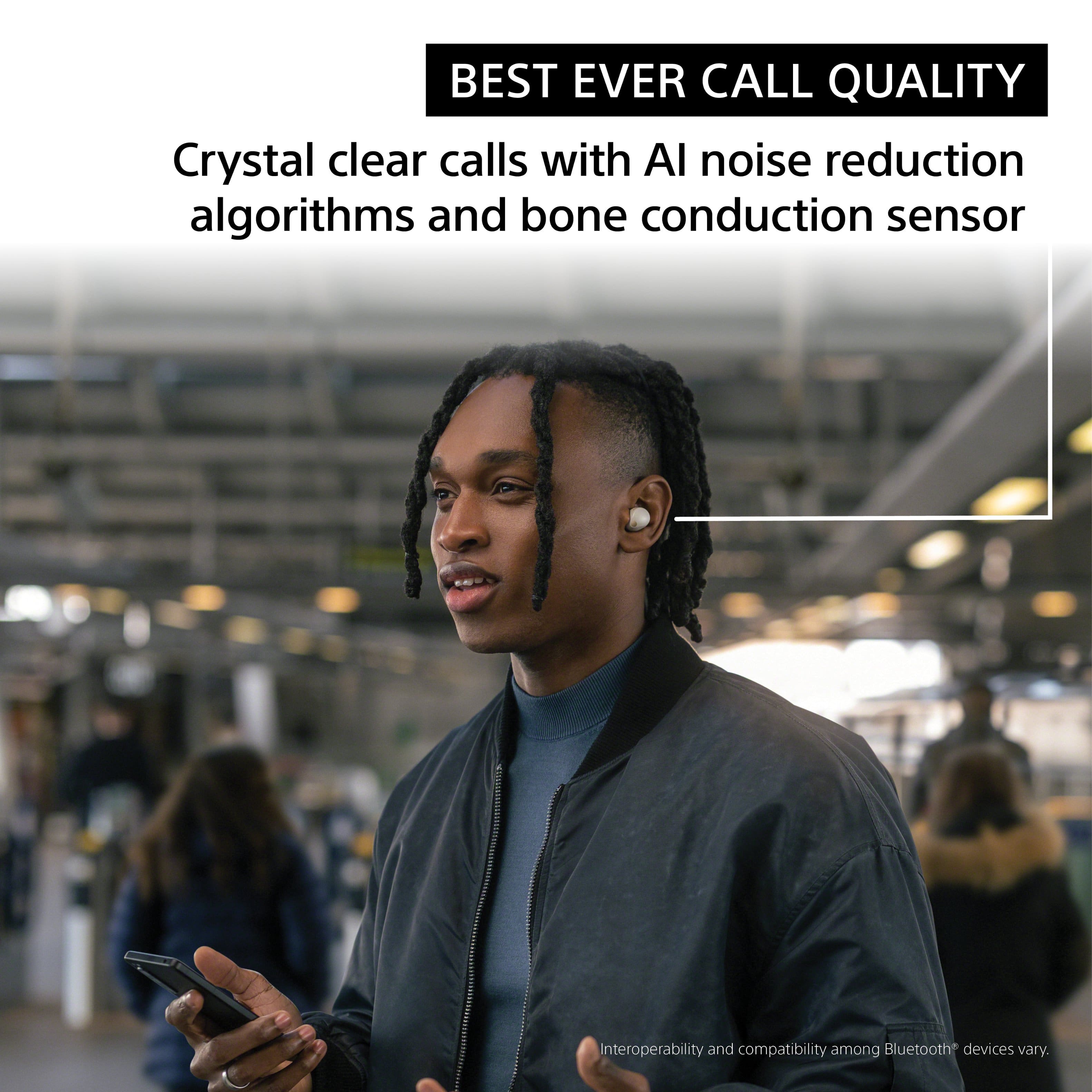 The text on the image reads: "Best Ever Call Quality Crystal clear calls with AI noise reduction algorithms and bone conduction sensor Interoperability and compatibility among Bluetooth devices vary."