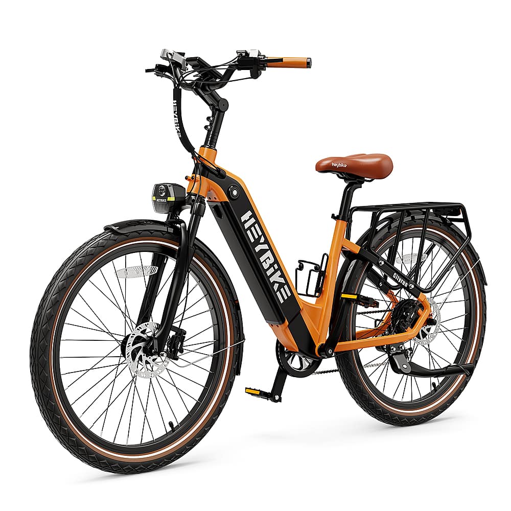 Front. Heybike - Cityrun Ebike w/ 55mi Max Operating Range & 25 mph Max Speed - Orange.