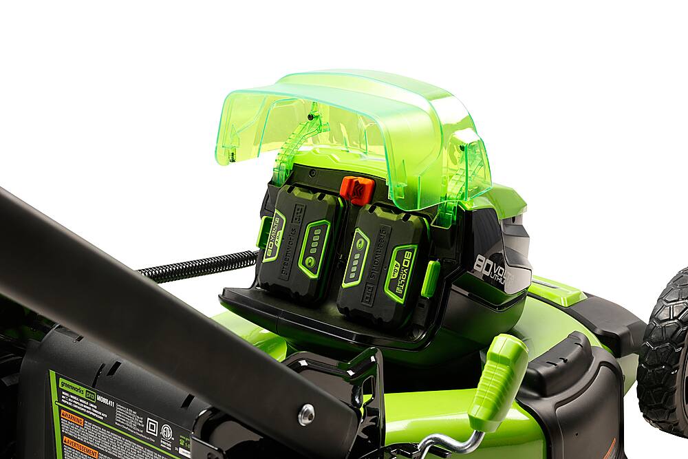 Angle. Greenworks - 80V 21” Cordless Self-Propelled Lawn Mower with (2) 4.0 Ah Batteries and Dual-Port Charger - Green.