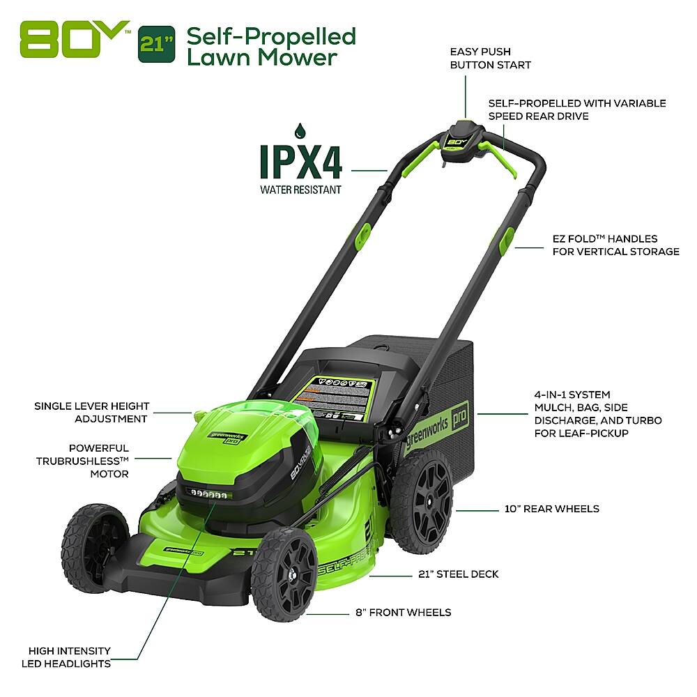 Alt View 22. Greenworks - 80V 21” Cordless Self-Propelled Lawn Mower with (2) 4.0 Ah Batteries and Dual-Port Charger - Green.