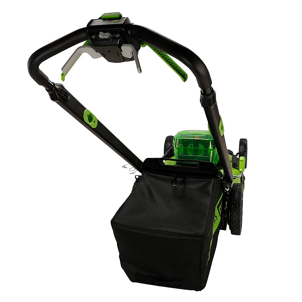 Left. Greenworks - 80V 21” Cordless Self-Propelled Lawn Mower with (2) 4.0 Ah Batteries and Dual-Port Charger - Green.