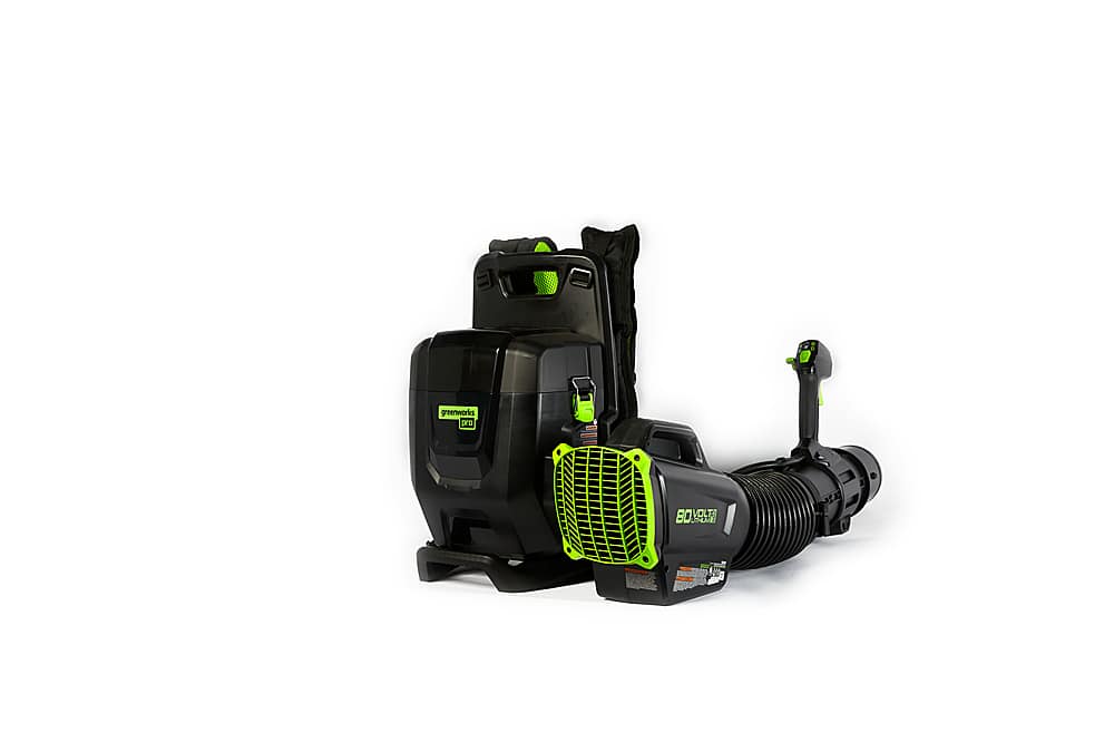 Left. Greenworks - 80V 690 CFM 165 MPH Cordless Backpack Leaf Blower with (2) 4.0 Ah Battery and Dual-Port Charger - Green.