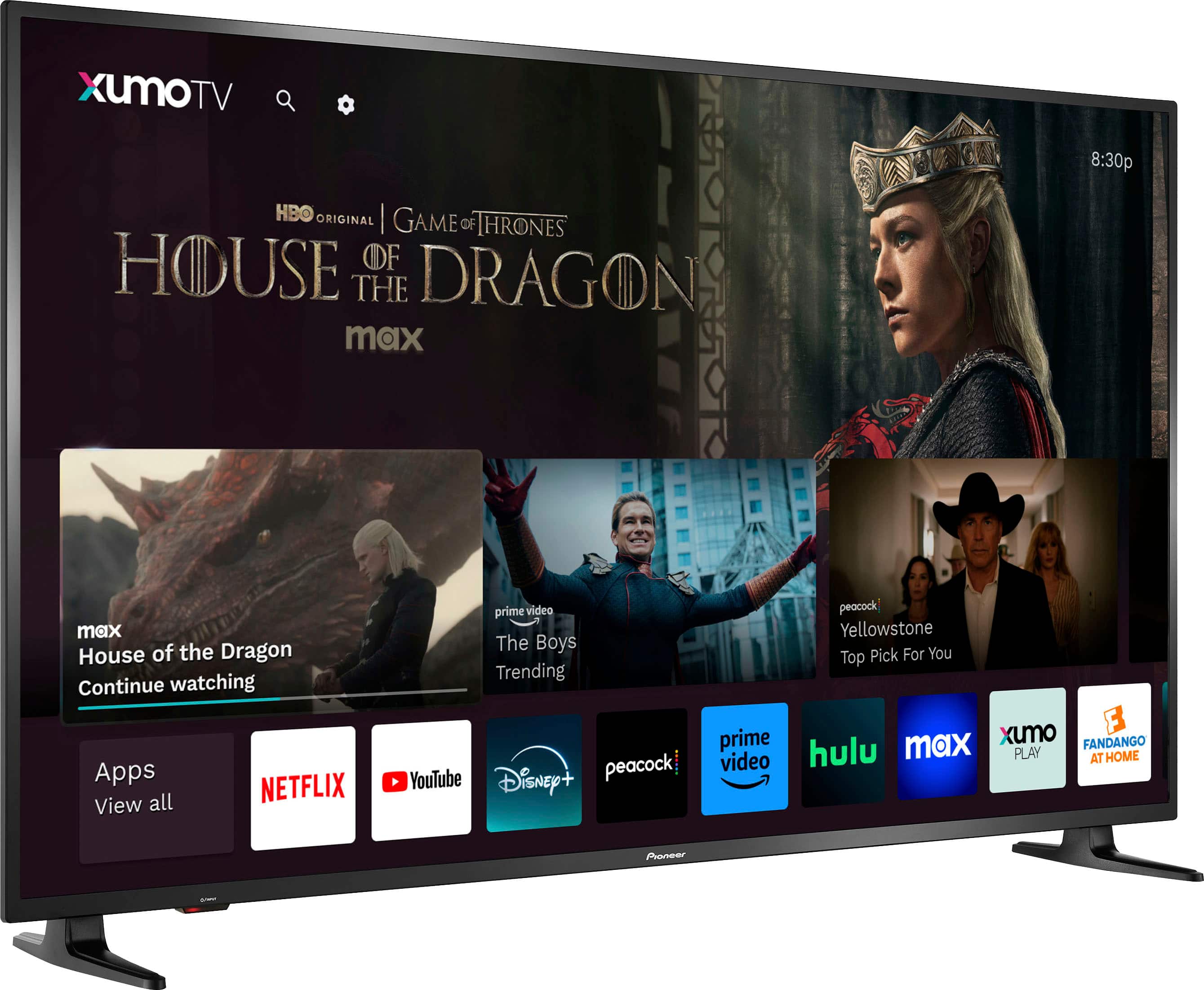 XUMOTV 8:30p HBO ORIGINAL I GAME OF IHRONES HOUSE OF THE DRAGON max max House of the Dragon Continue watching Apps all NETFLIX View prime video The Boys Trending YouTube Disney+ peacock prime video peacock Yellowstone Top Pick For You xmo F max FANDANGO hulu PLAY AT HOME roneer