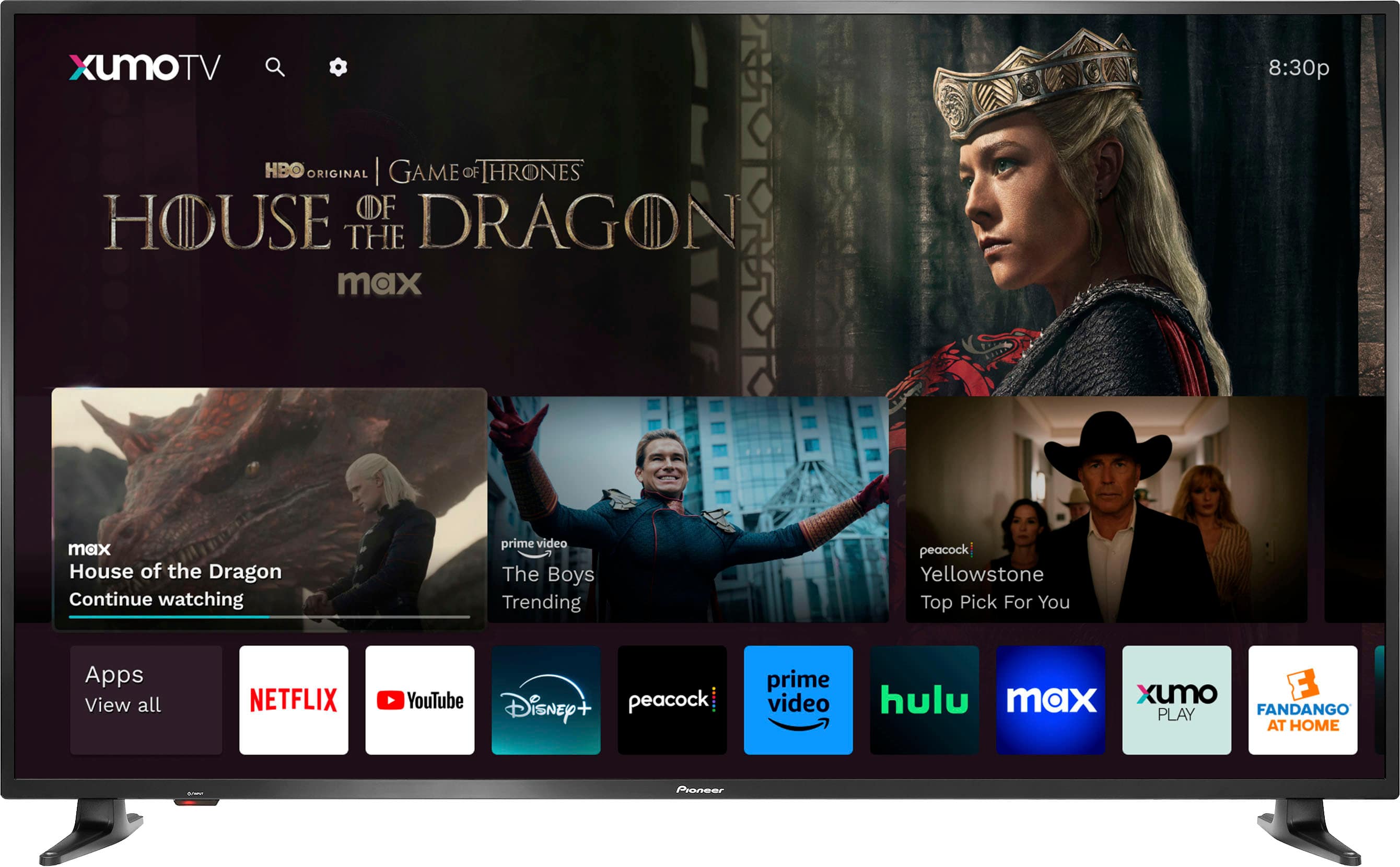 XUMOTV 8:30p HBO ORIGINAL | GAME OF IHRONES HOUSE OF DRAGON THE max max House of the Dragon Continue watching prime video The Boys Trending peacock Yellowstone Top Pick For You Apps View all NETFLIX YouTube Disney+ peacock prime video hulu max xumo F PLAY FANDANGO AT HOME Pioneer