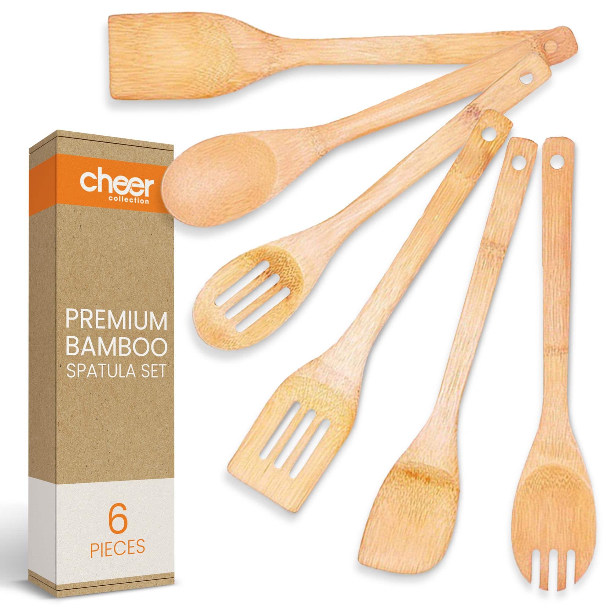 Cheer Collection - Six Piece Wood Cooking Utensil Set for Nonstick Pots Pans Stirring and Serving - Brown
